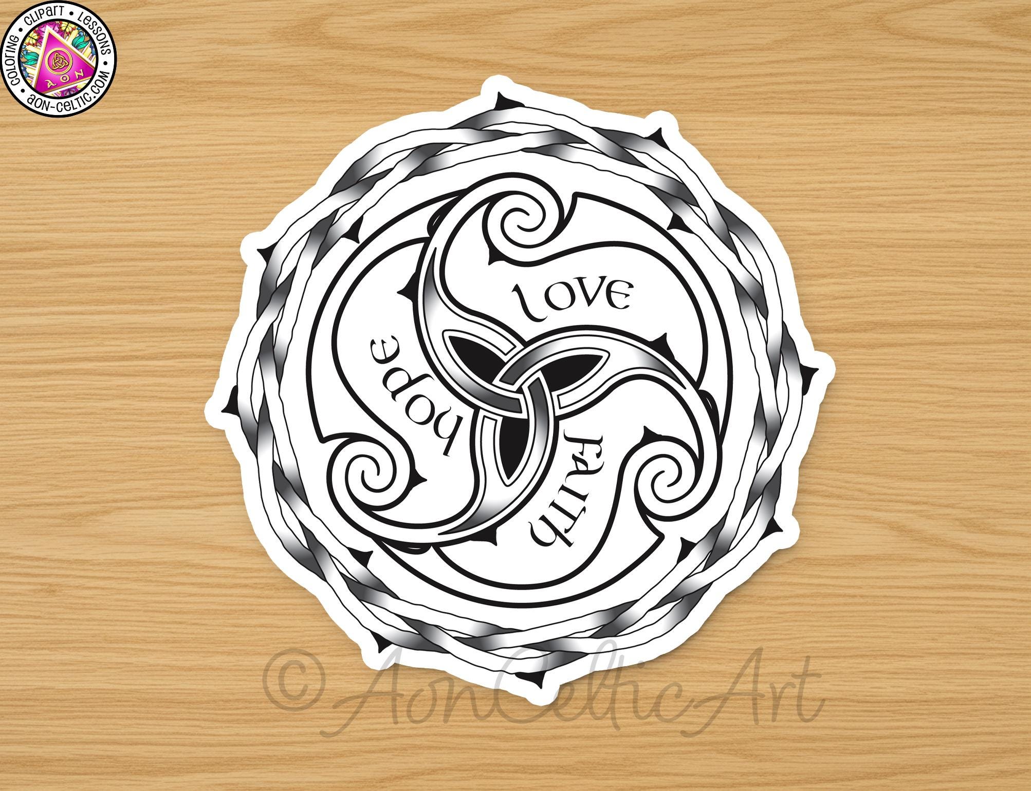 A circular design featuring a spiral pattern with the words "Love", "Faith", and "Peace" written around it.