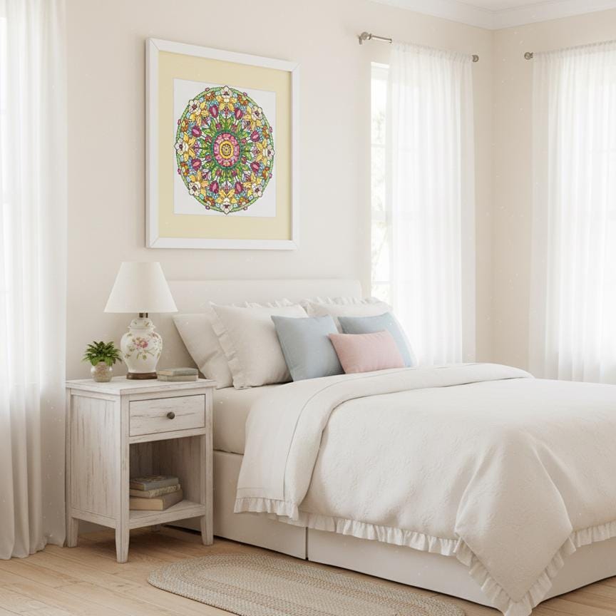 A cozy and inviting bedroom with a large bed, white bedding, and a framed mandala artwork on the wall. The room has white curtains, a white nightstand, and a rug on the floor, creating a serene and harmonious atmosphere.