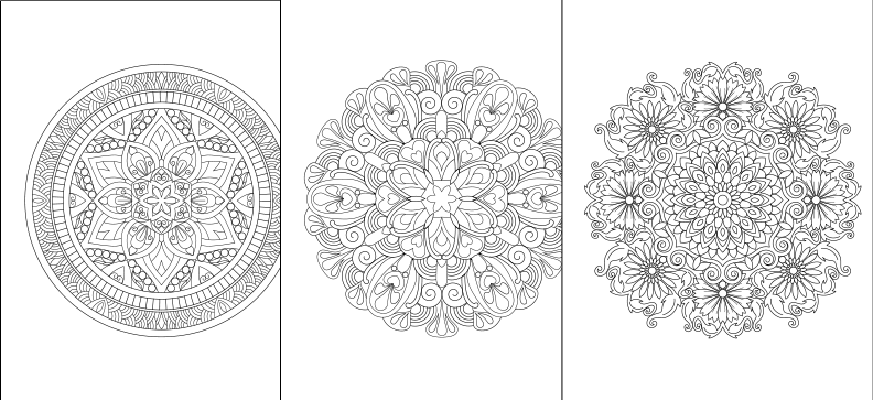 three coloring pages with different designs on them