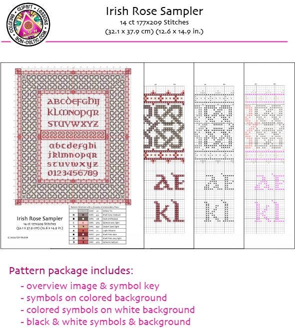 The image is a cross-stitch sampler for the Irish Rose, which includes a key, symbols, and a color palette. The package also includes a color palette and symbols on colored backgrounds, colored backgrounds, and black and white backgrounds.