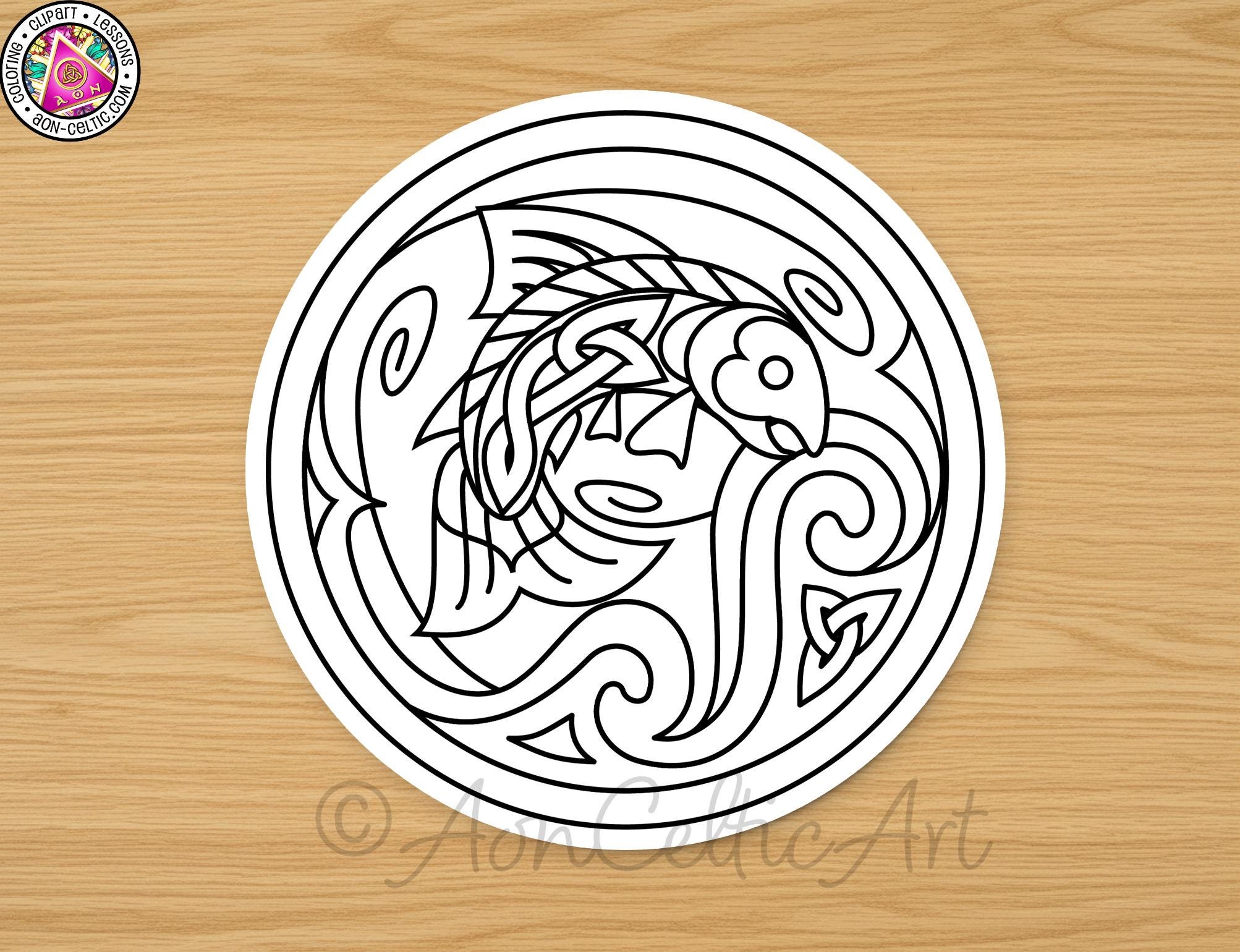 A circular design featuring a stylized fish or sea creature within an ornate, circular border.