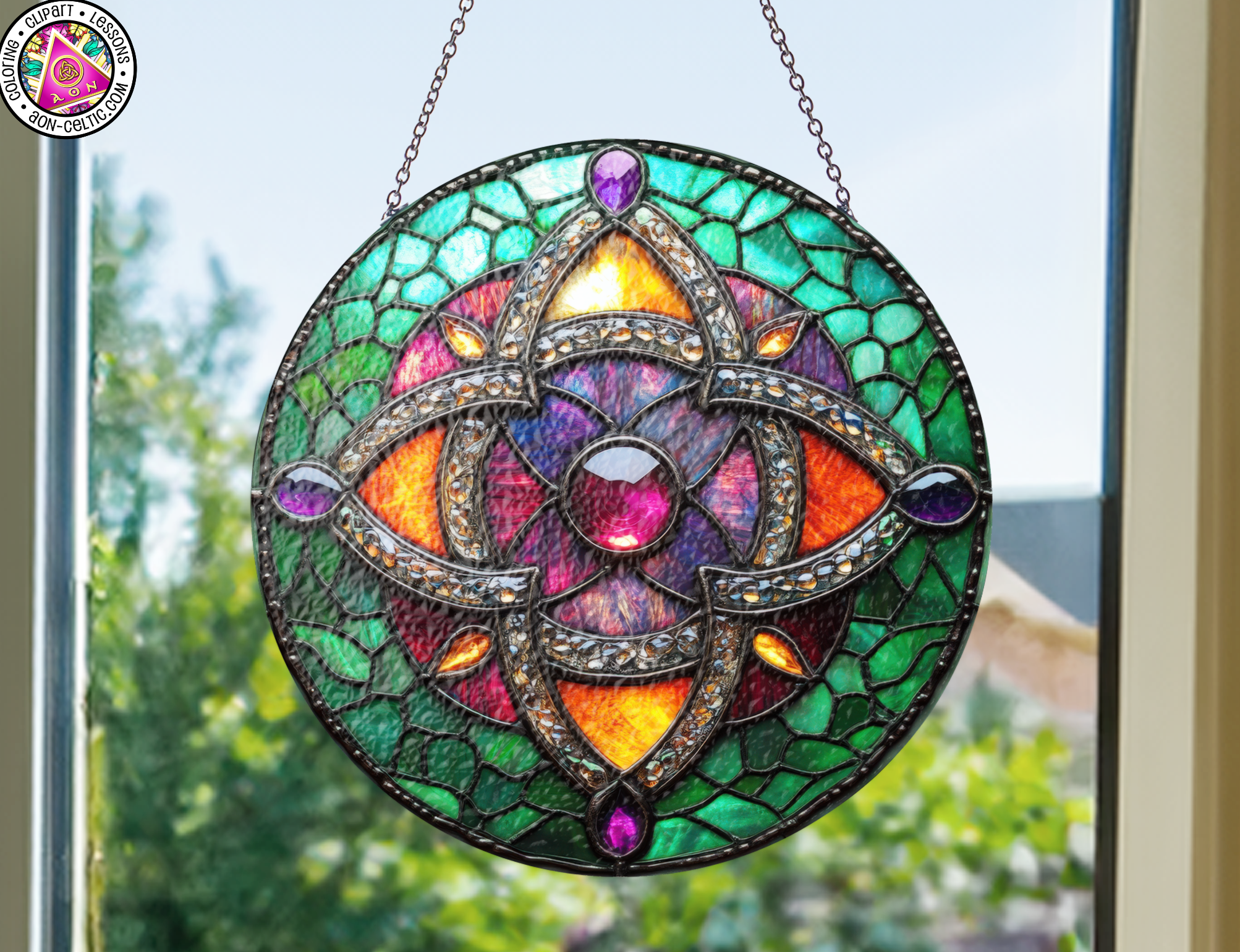 a stained glass sun catcher hanging from a window
