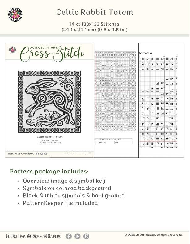 The image is a cross-stitch pattern featuring a Celtic rabbit toym. The pattern includes a key view of the design, symbols on a colored background, black and white symbols, and a PatternKeeper file.