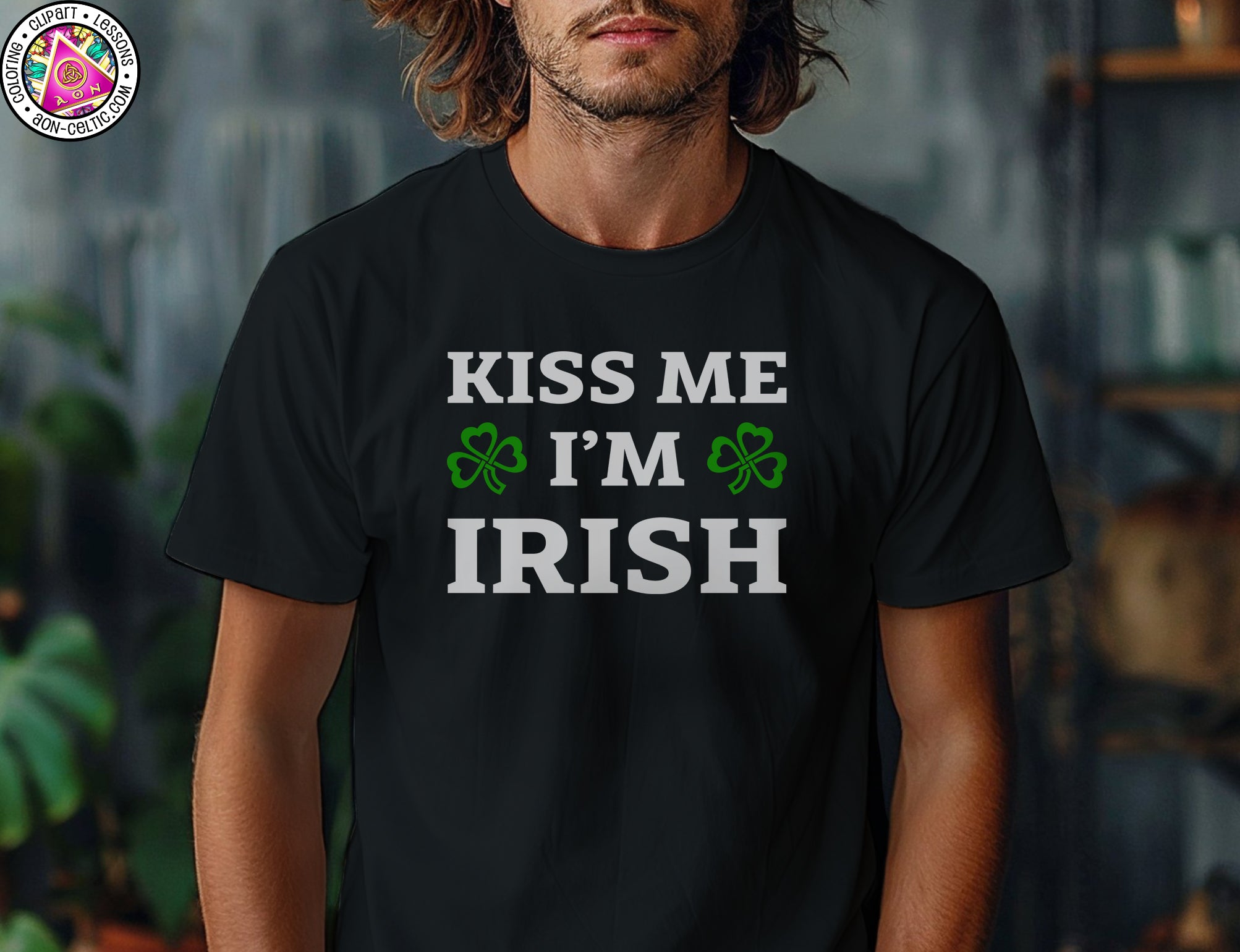a man wearing a black t - shirt with a kiss me i'm irish