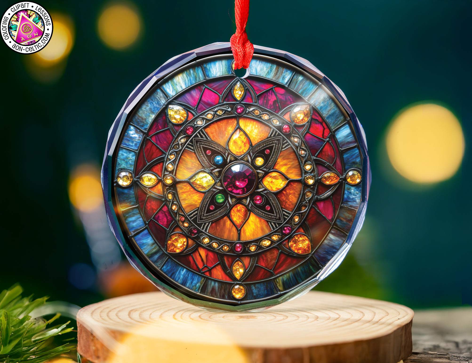 a stained glass ornament hanging on a piece of wood
