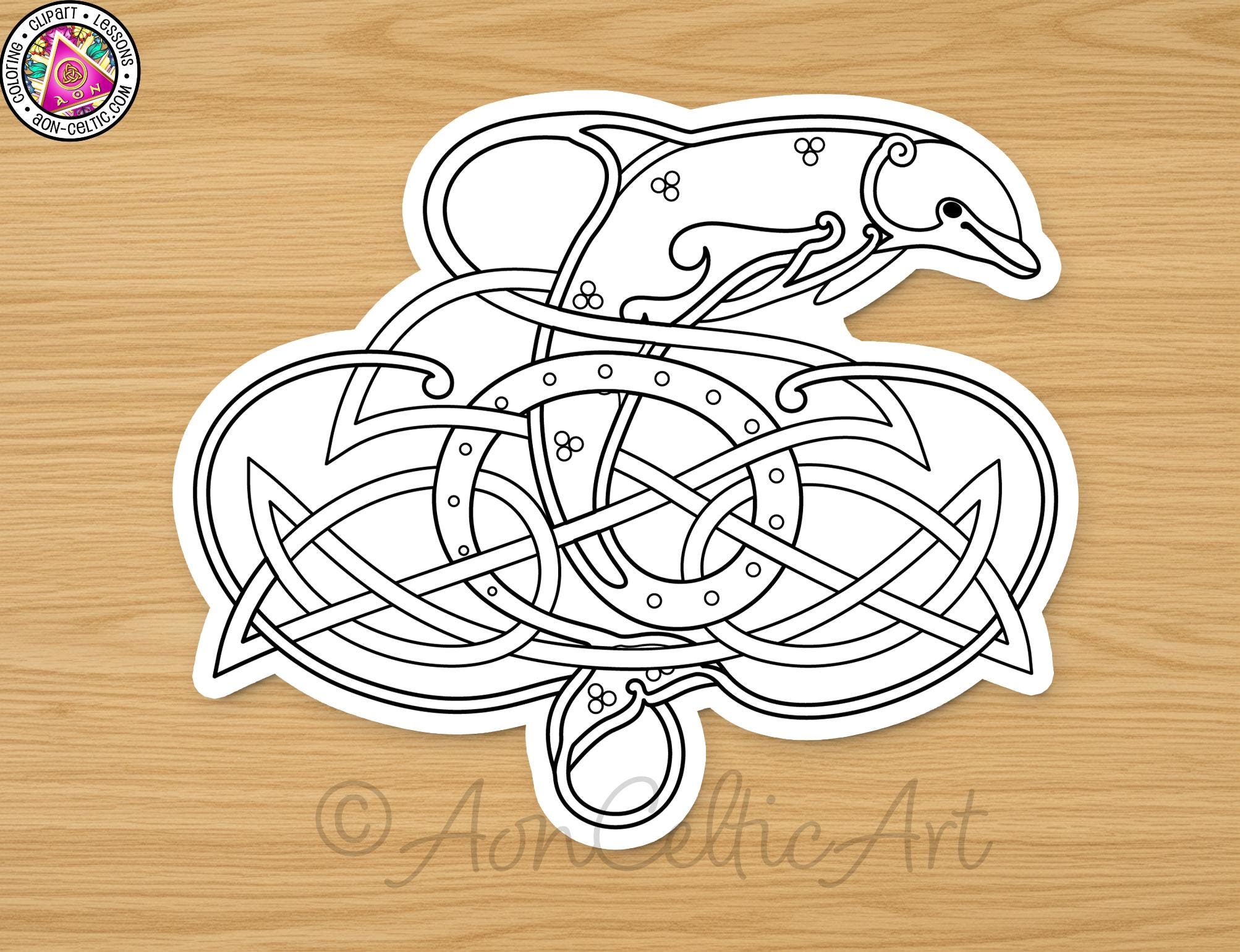 A black and white line drawing of a dolphin swimming above a complex, intricate Celtic knot design.