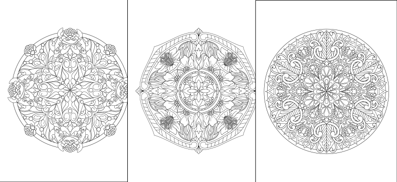 three intricate, symmetrical mandala designs, each with a unique floral and leaf pattern. The designs are arranged in a row, showcasing the artist's skill in creating detailed and visually appealing mandala patterns.