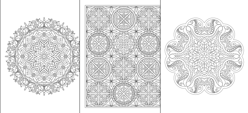 three intricate, symmetrical mandala designs, each with a unique pattern and arrangement of shapes and lines. The mandala designs are black and white, and they appear to be part of a coloring book or art project.
