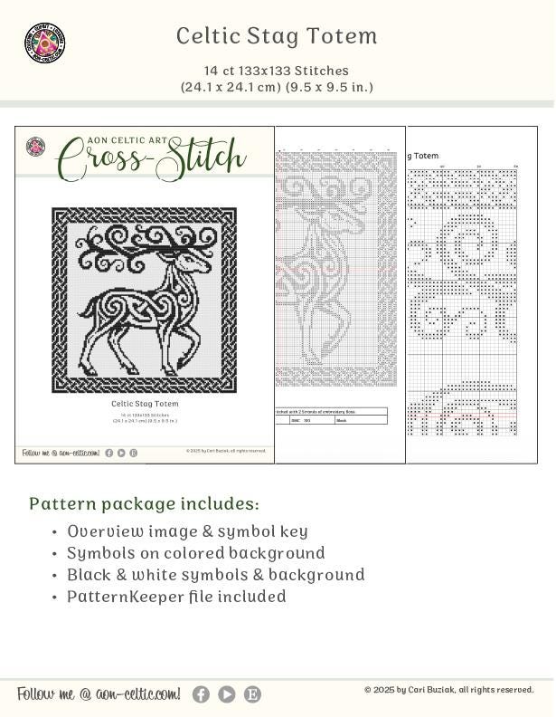 The image is a cross-stitch pattern featuring a Celtic stag motif. The design includes a deer, a symbol of Celtic culture, and a background with black and white symbols. The pattern package includes an overview image and a symbol key, as well as symbols on a colored background, black and white symbols, and a PatternKeeper file.