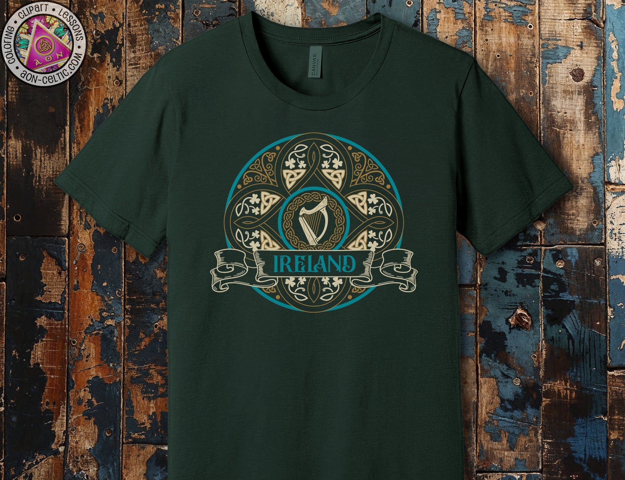 a green t - shirt with a picture of a harp on it