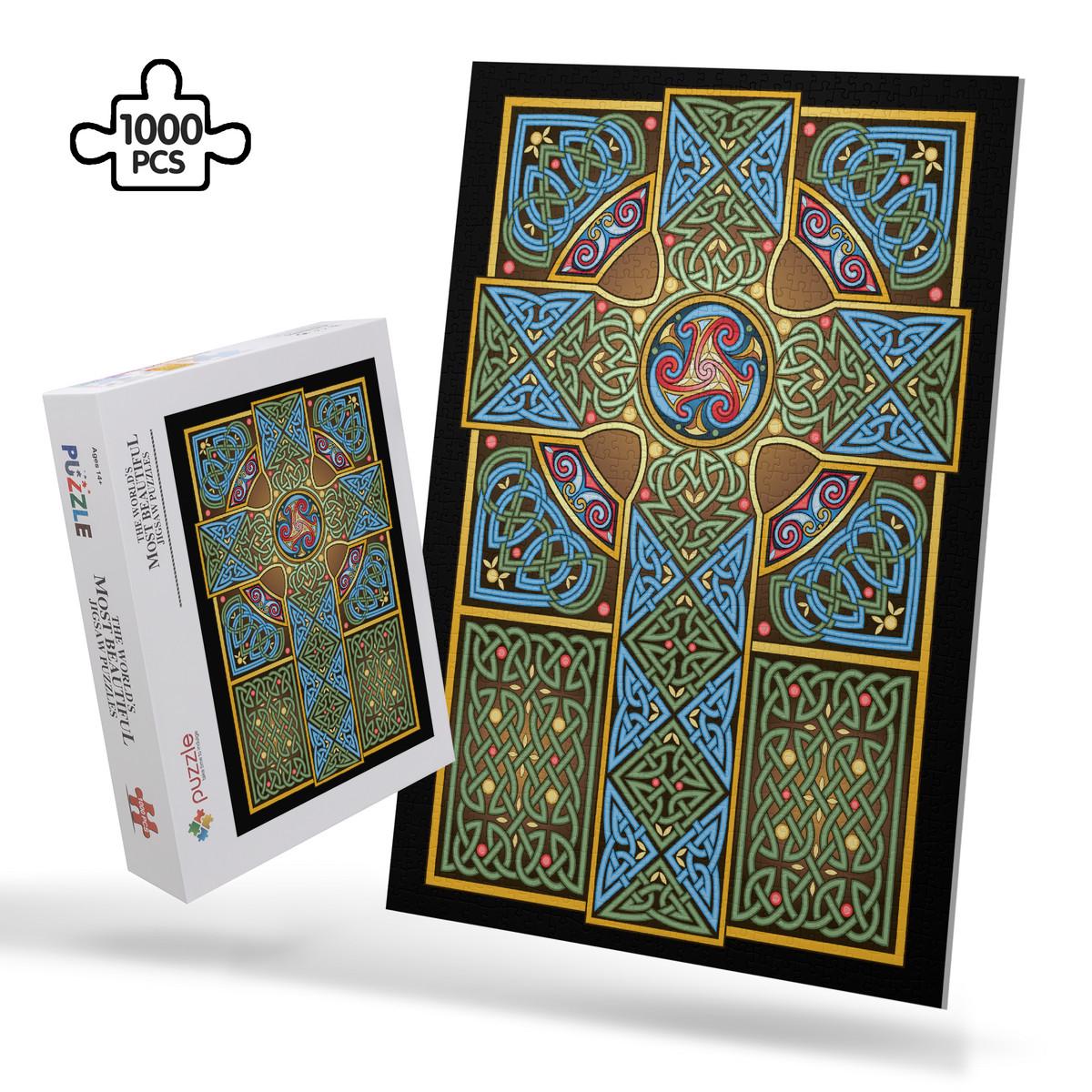 a large, intricate Celtic-inspired artwork with a complex design of geometric shapes, patterns, and symbols in various colors including blue, green, and gold.