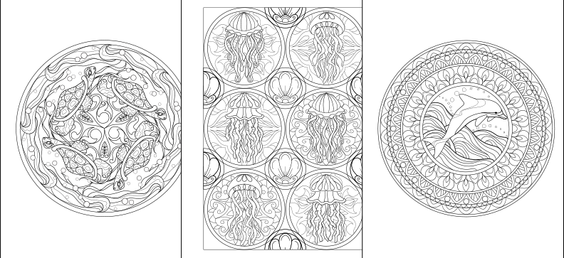 three circular designs, each featuring a different marine animal or sea creature. The designs are arranged in a row, showcasing the variety of marine life depicted.