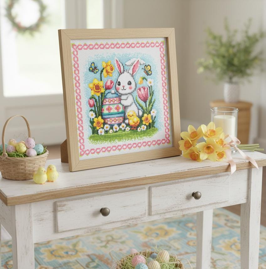 a white table with a framed picture of a bunny surrounded by flowers and Easter eggs, along with a basket of Easter eggs and a vase of yellow flowers.