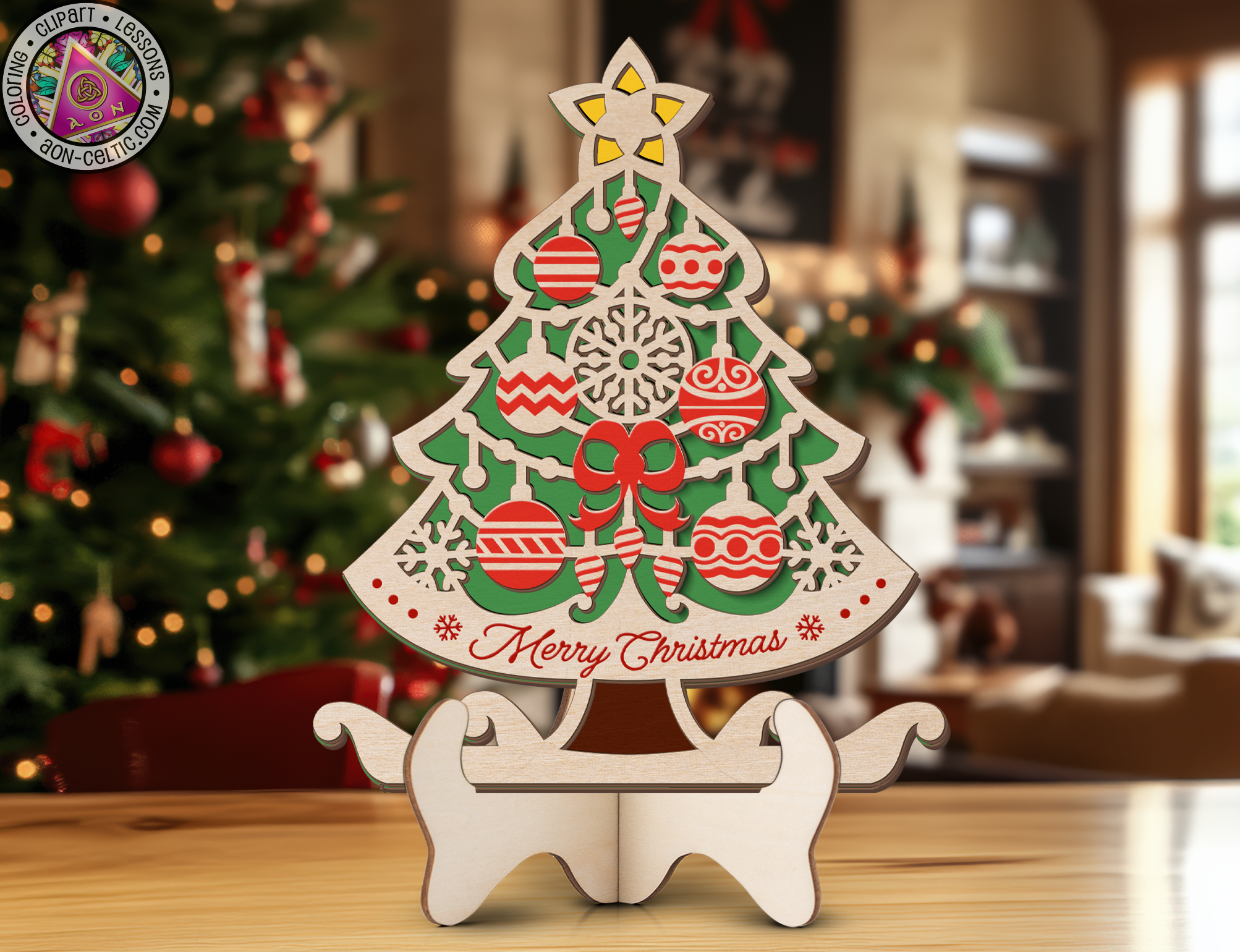 a christmas tree cut out of wood on a table