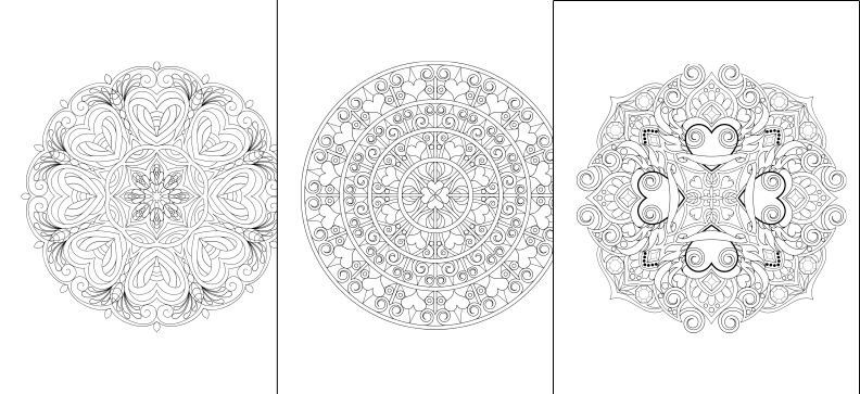 a set of three coloring pages with intricate designs