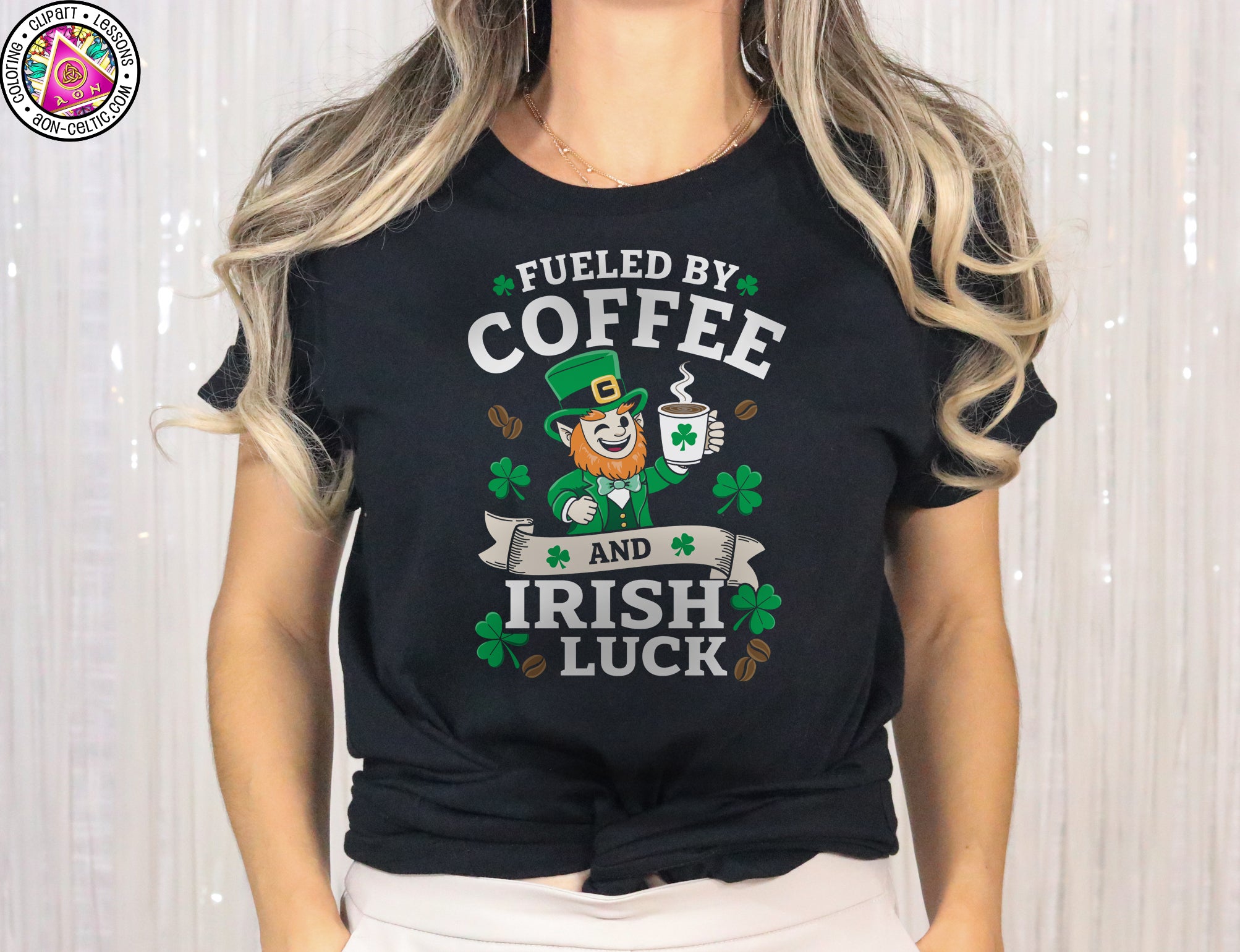 a woman wearing a black shirt that says fueled by coffee and irish luck
