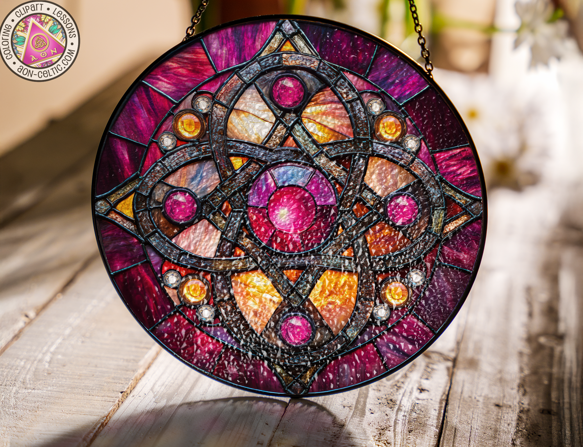 a stained glass sun catcher hanging on a chain