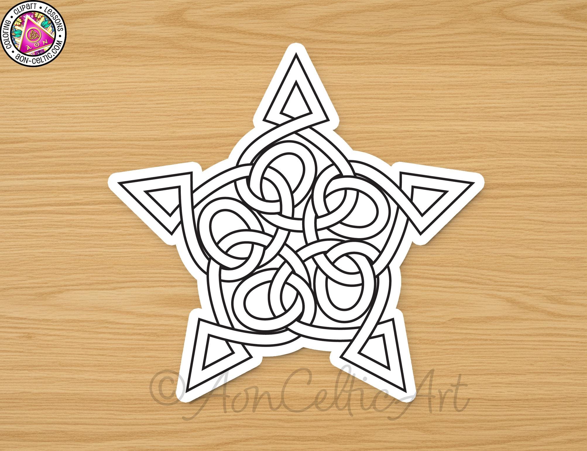 A black and white sticker depicting a star-shaped design with intricate Celtic knot patterns.