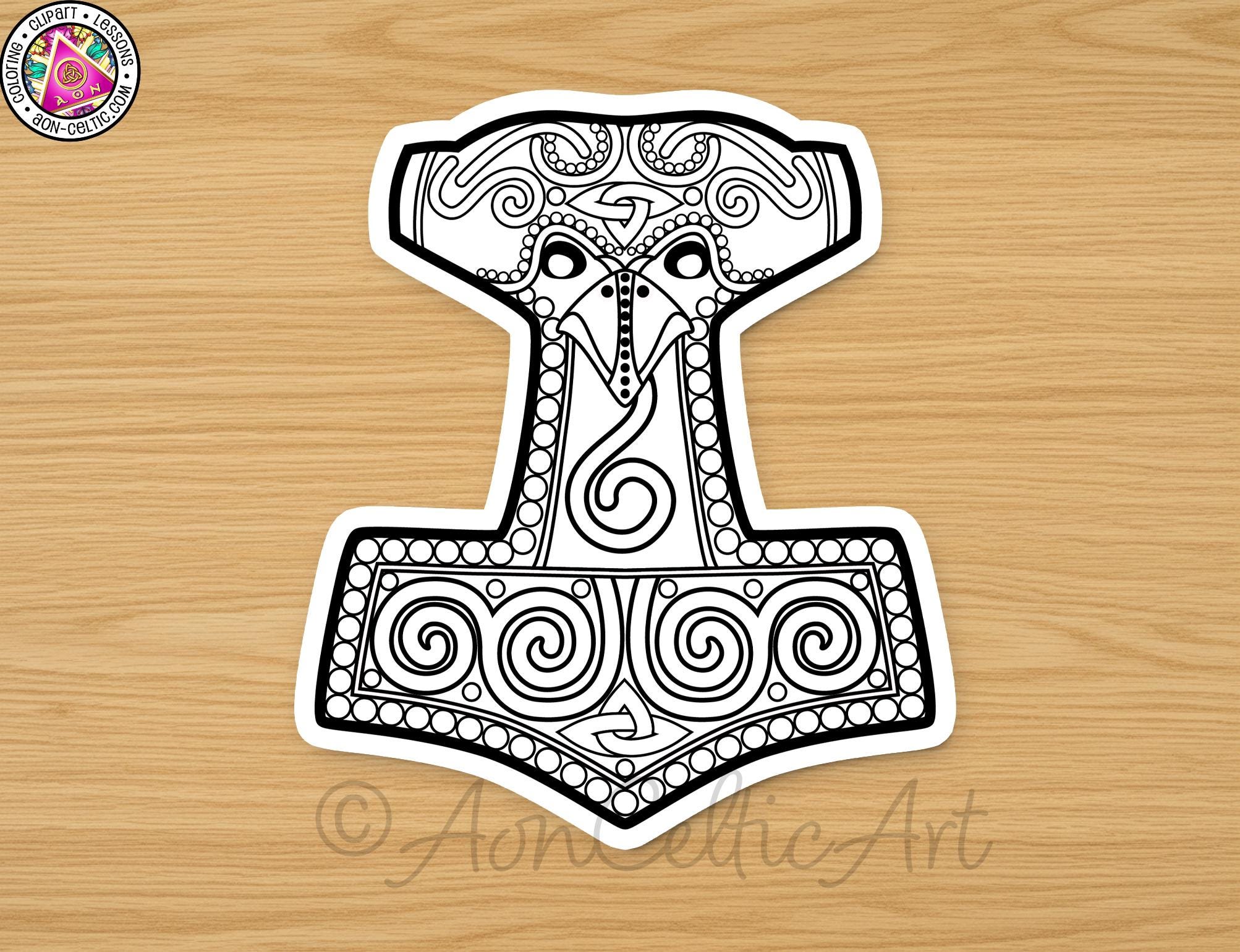 A stylized black and white illustration of a hammer or anvil, featuring intricate patterns and designs.