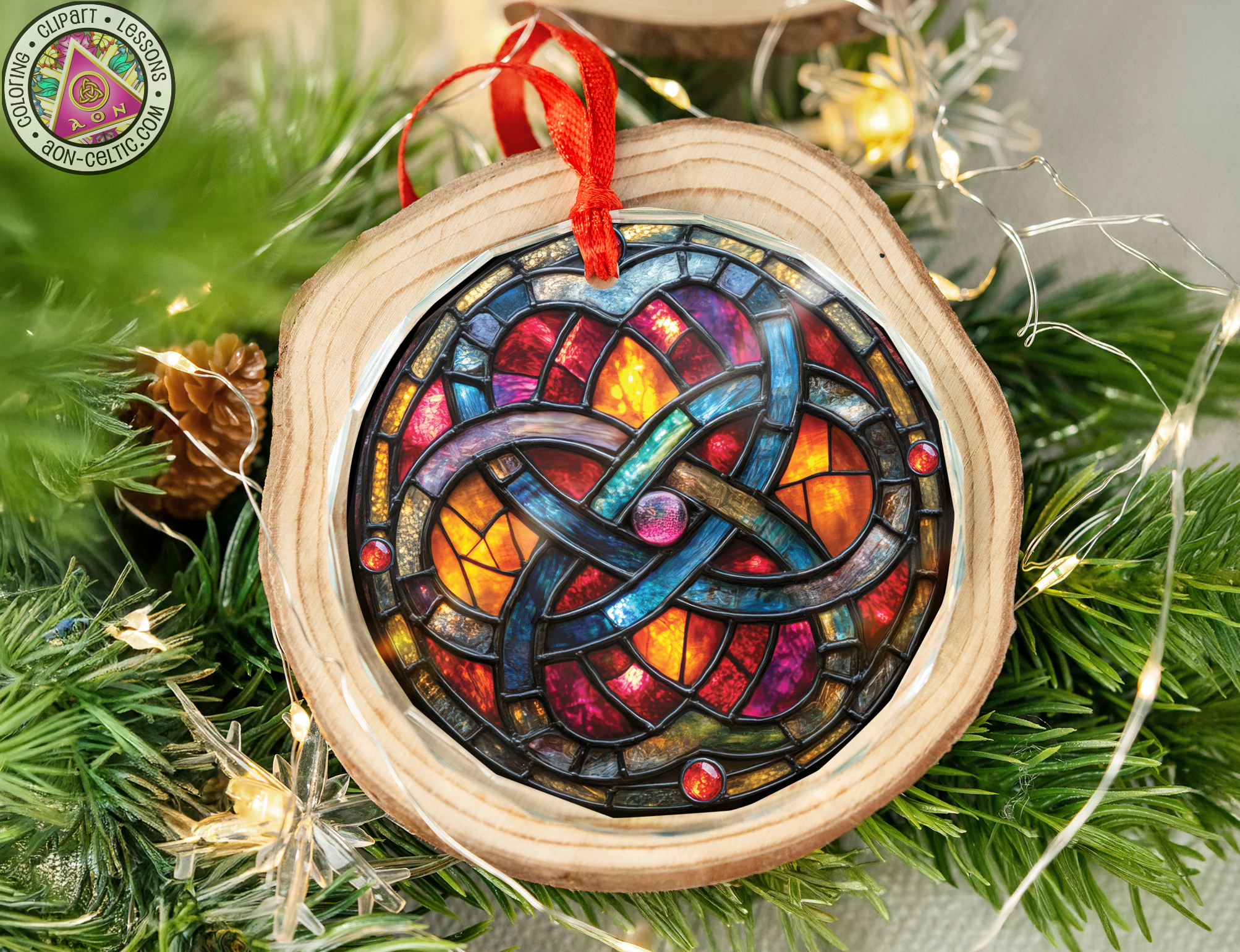 a wooden ornament with a stained glass design