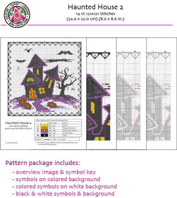 The image is a cross-stitch pattern for &quot;Haunted House 2&quot;, which includes a key, symbols, and a background color scheme. The package also includes an overview image and a color key, as well as symbols on a colored background, colored symbols on a white background, and black and white symbols and background.