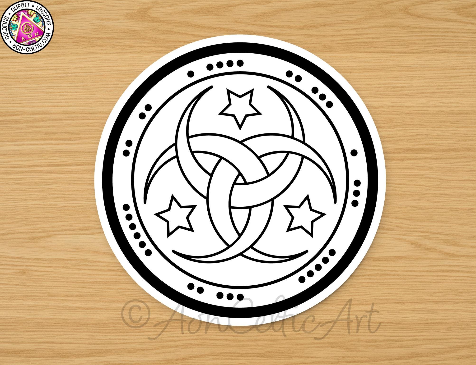 A circular emblem with a crescent moon and three stars, surrounded by a border of dots, is displayed on a wooden surface.