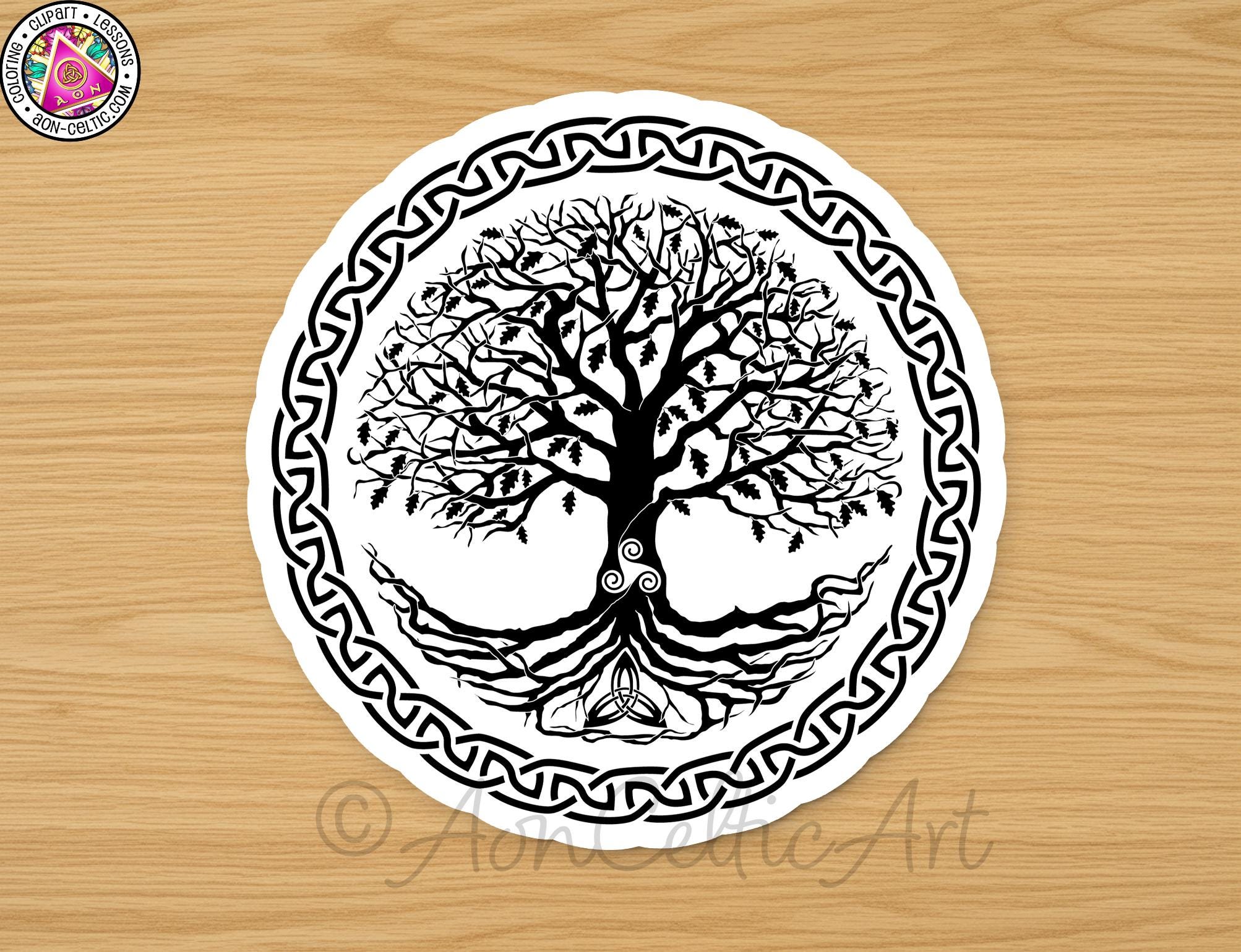 A circular design featuring a tree with roots and branches, surrounded by a circular border with a repeating pattern.