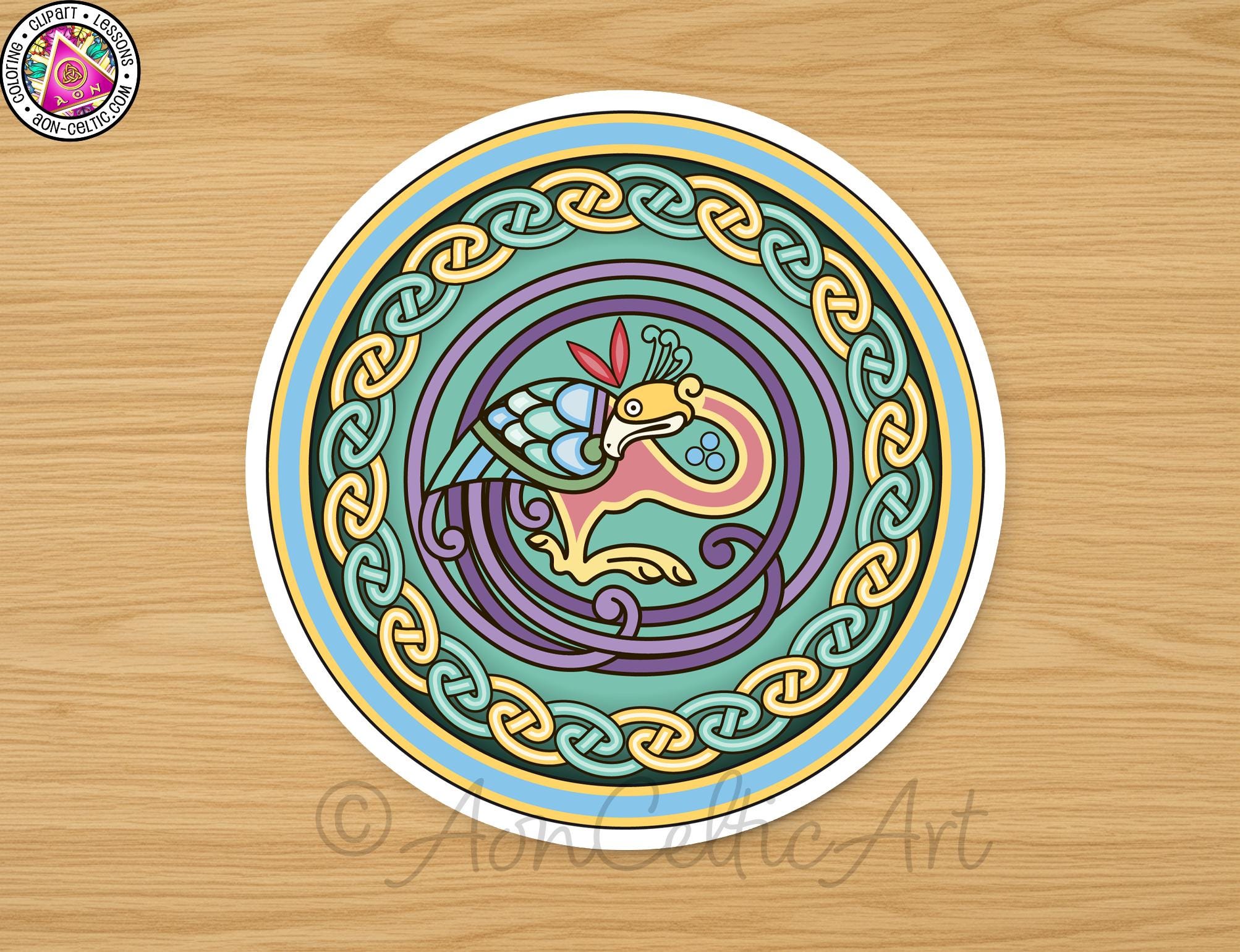 a circular design with a colorful, intricate pattern around the edge, including a bird-like figure and various geometric shapes and lines.