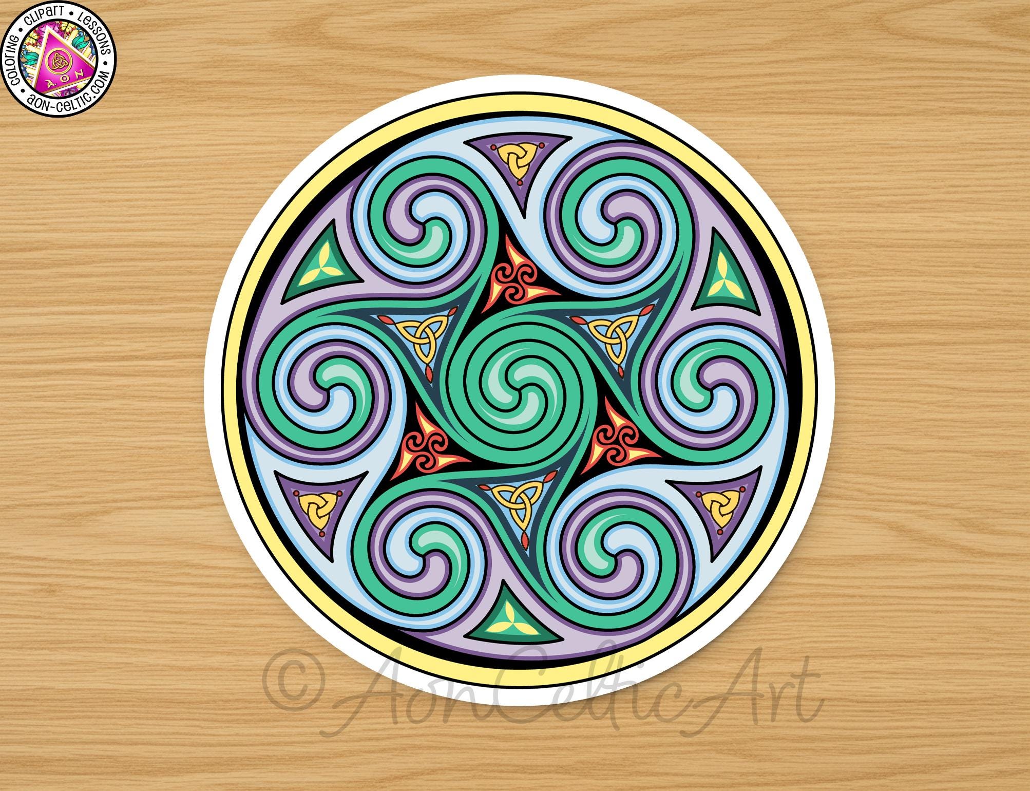 a circular design with a spiral pattern in shades of green, purple, and yellow.
