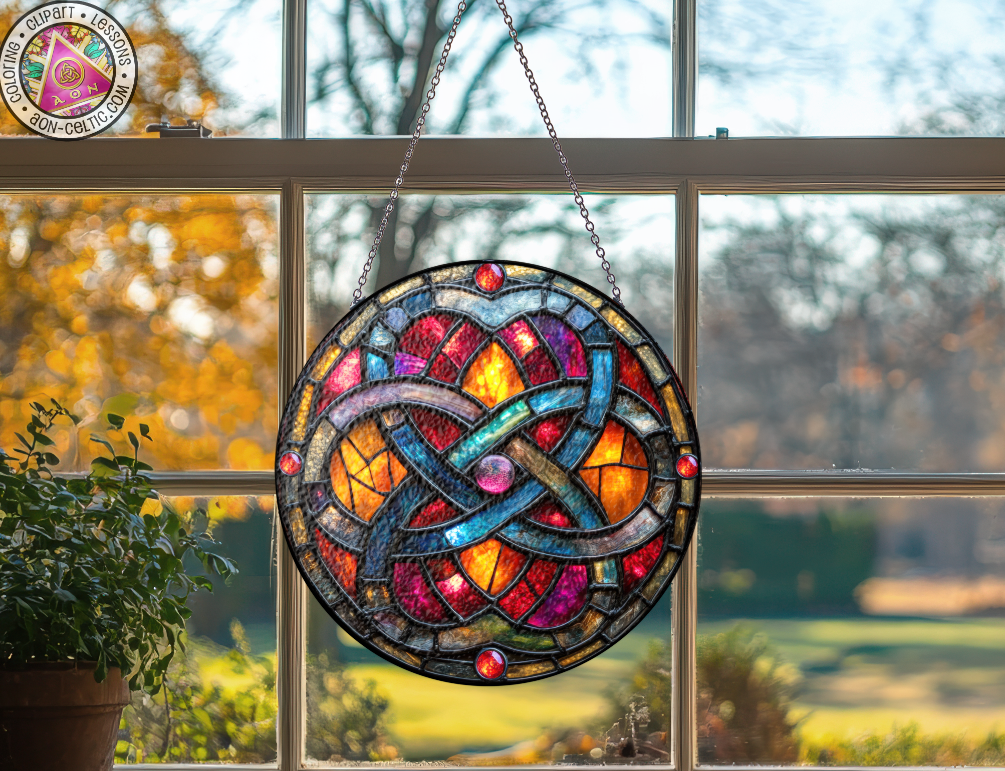 a stained glass sun catcher hanging from a window