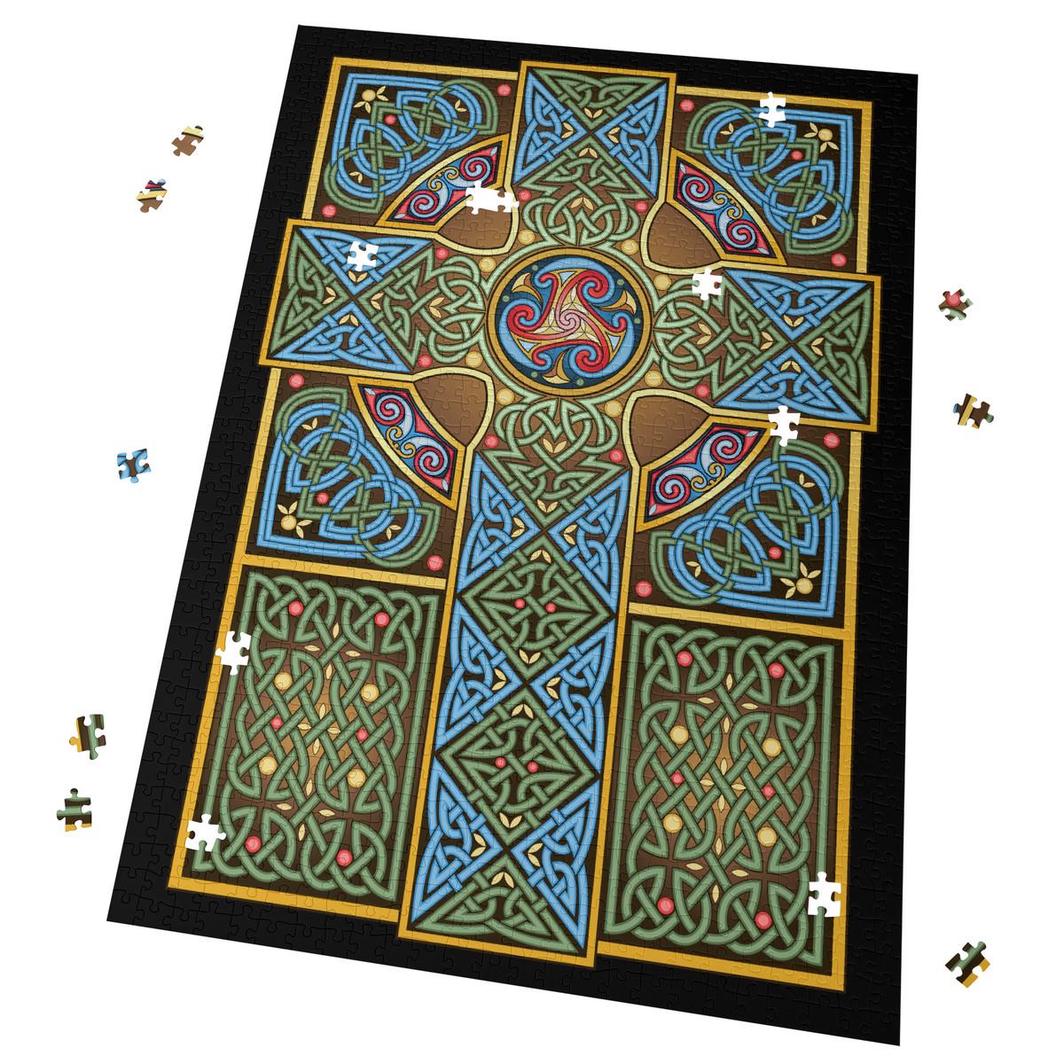 a large, intricate Celtic cross puzzle with a colorful, ornate design.
