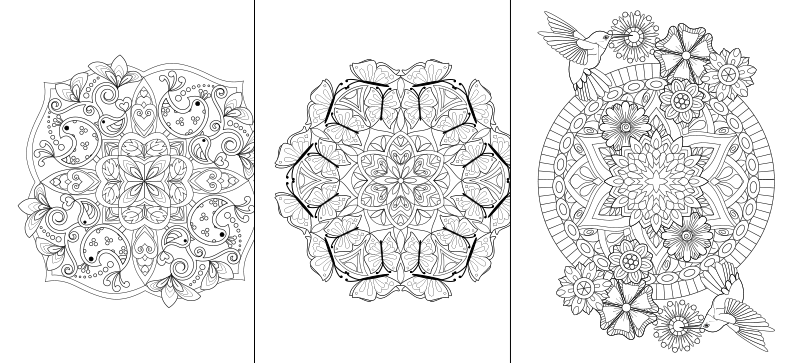 three coloring pages with different designs on them