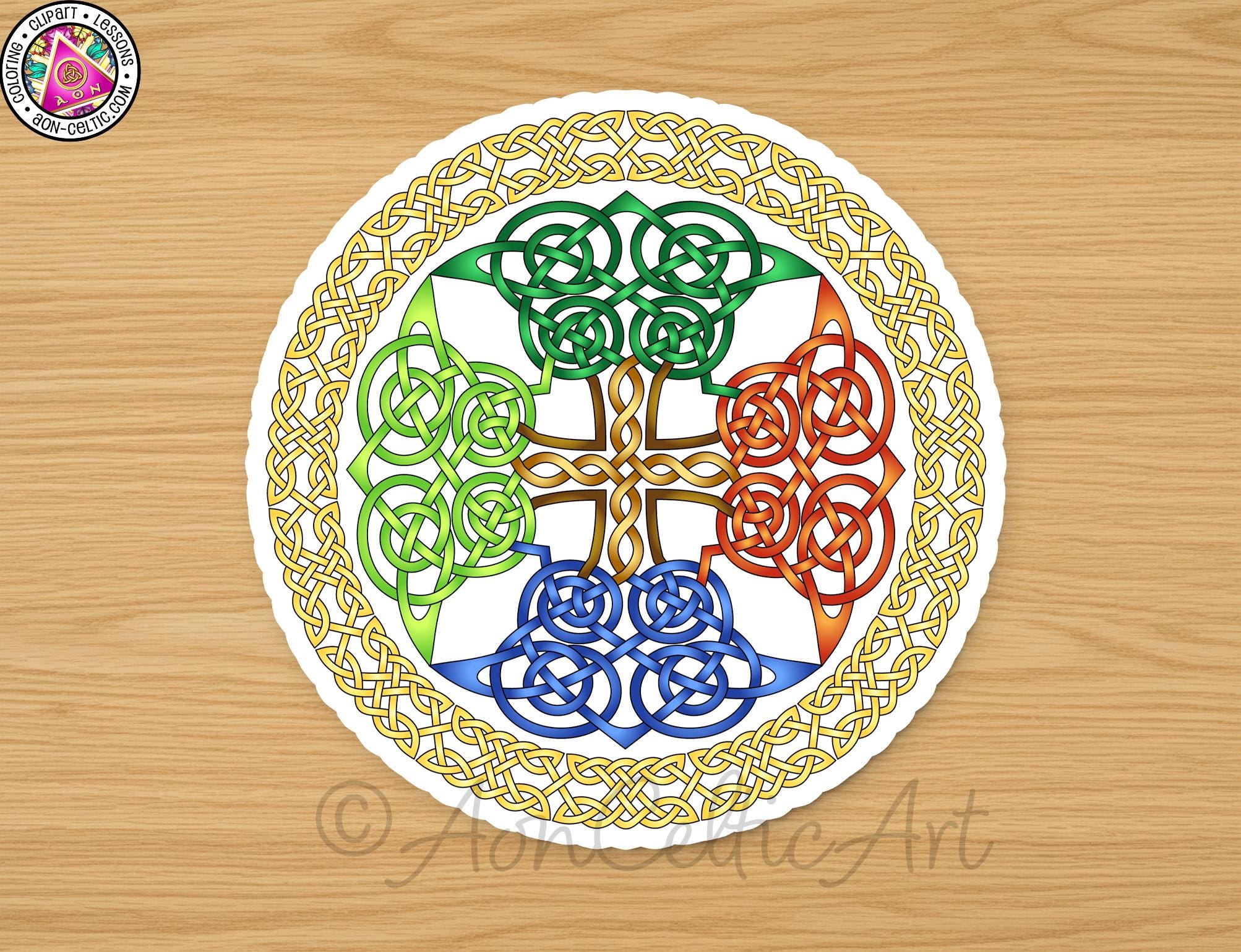 a circular design with intricate patterns and colors, including green, blue, orange, and red elements.
