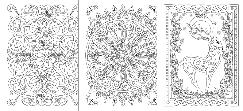 two coloring pages with a deer in the middle