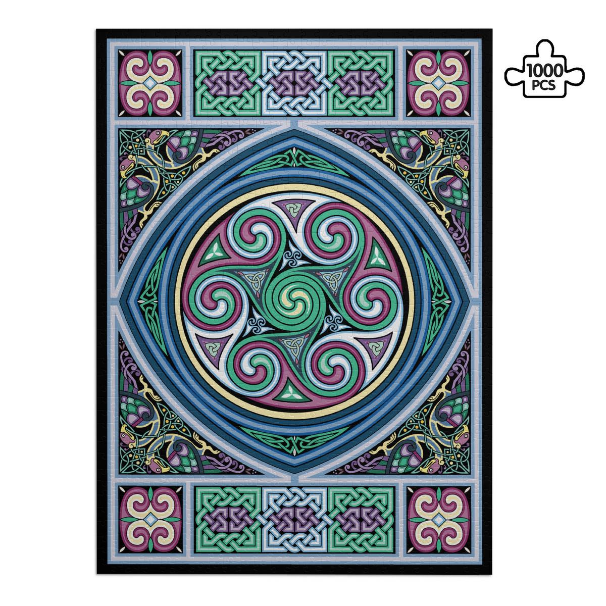 The image is a colorful and intricate Celtic-inspired design featuring swirling patterns, geometric shapes, and a central motif.
