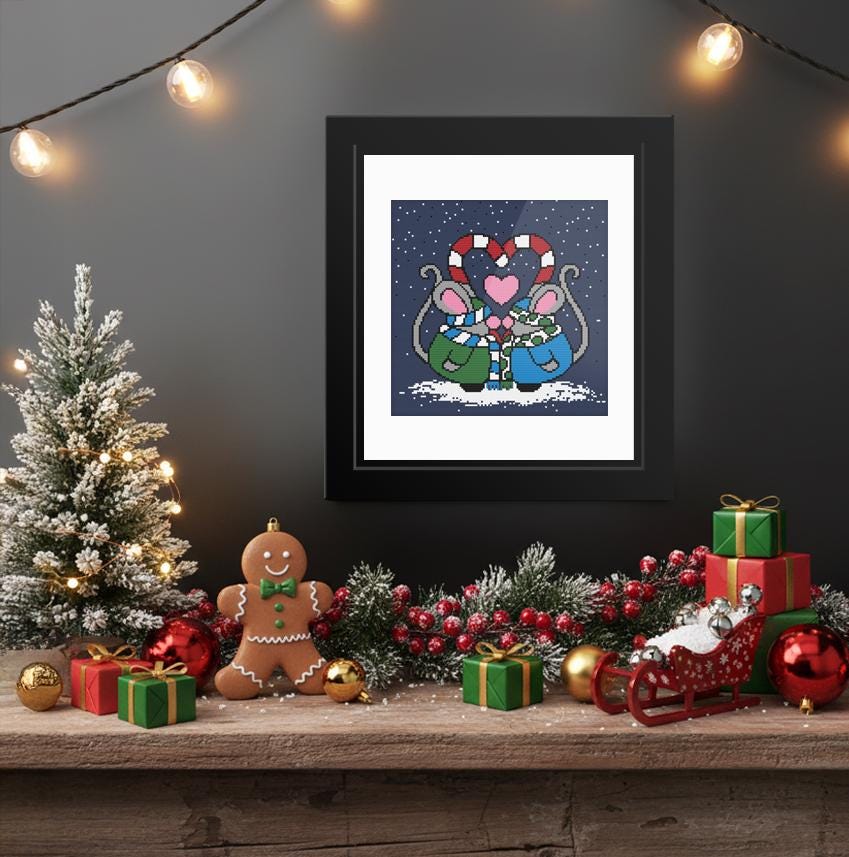 a festive Christmas scene with a framed illustration of two mice embracing, surrounded by holiday decorations such as a Christmas tree, gingerbread man, and presents.
