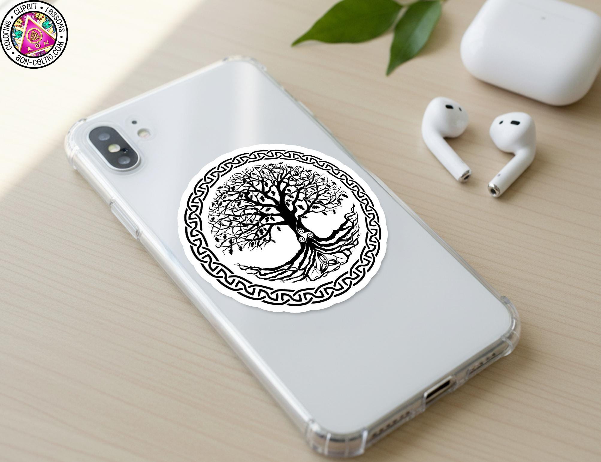 a smartphone with a sticker of a tree on its back cover, along with a pair of earbuds and a white earbud case.
