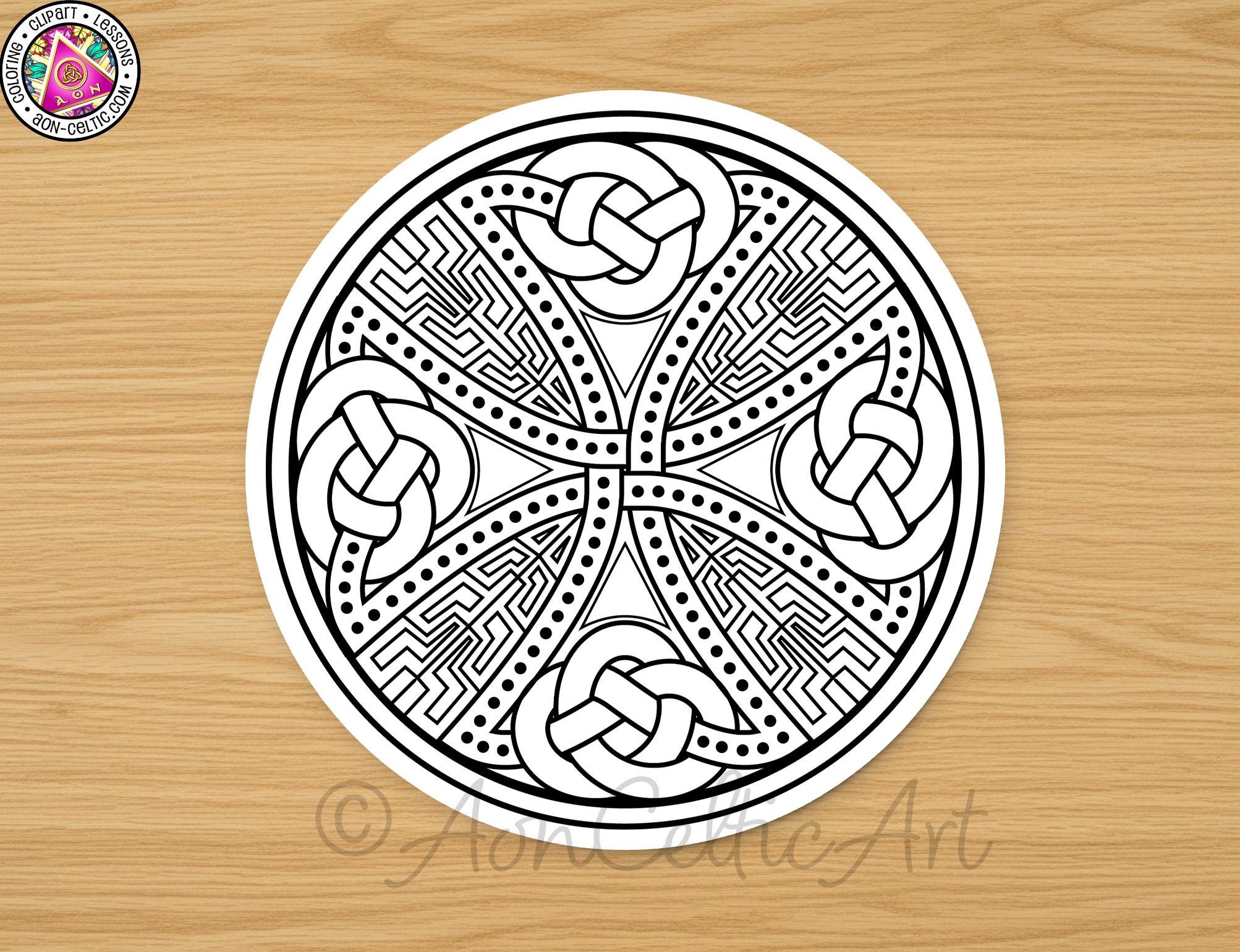A circular design featuring intricate patterns and knots in black and white.