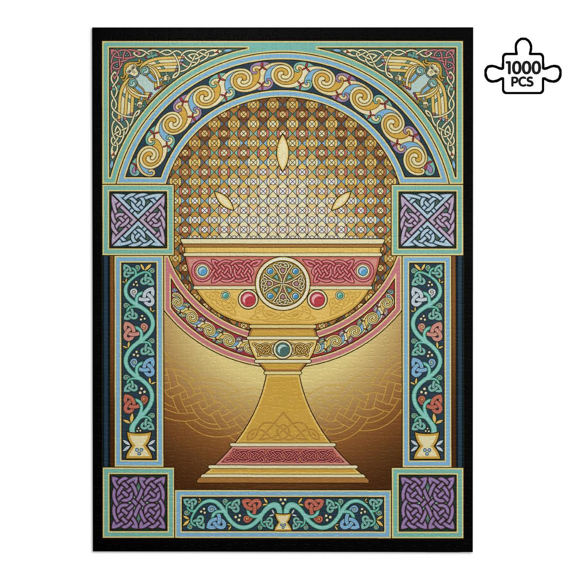 The image is a colorful and intricate illustration featuring a golden chalice or trophy surrounded by ornate patterns and designs in shades of gold, blue, green, and purple.
