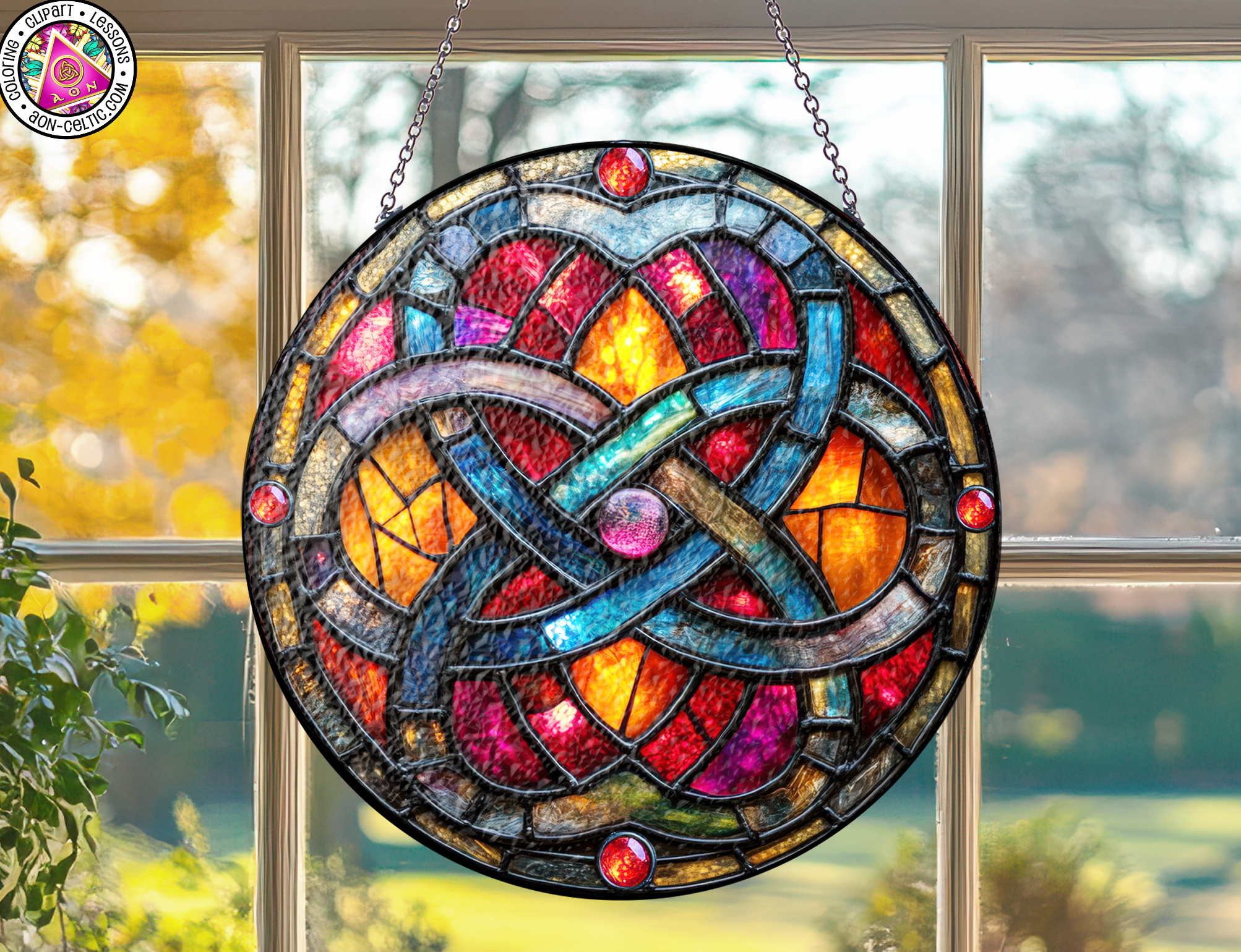 a stained glass hanging decoration in a window