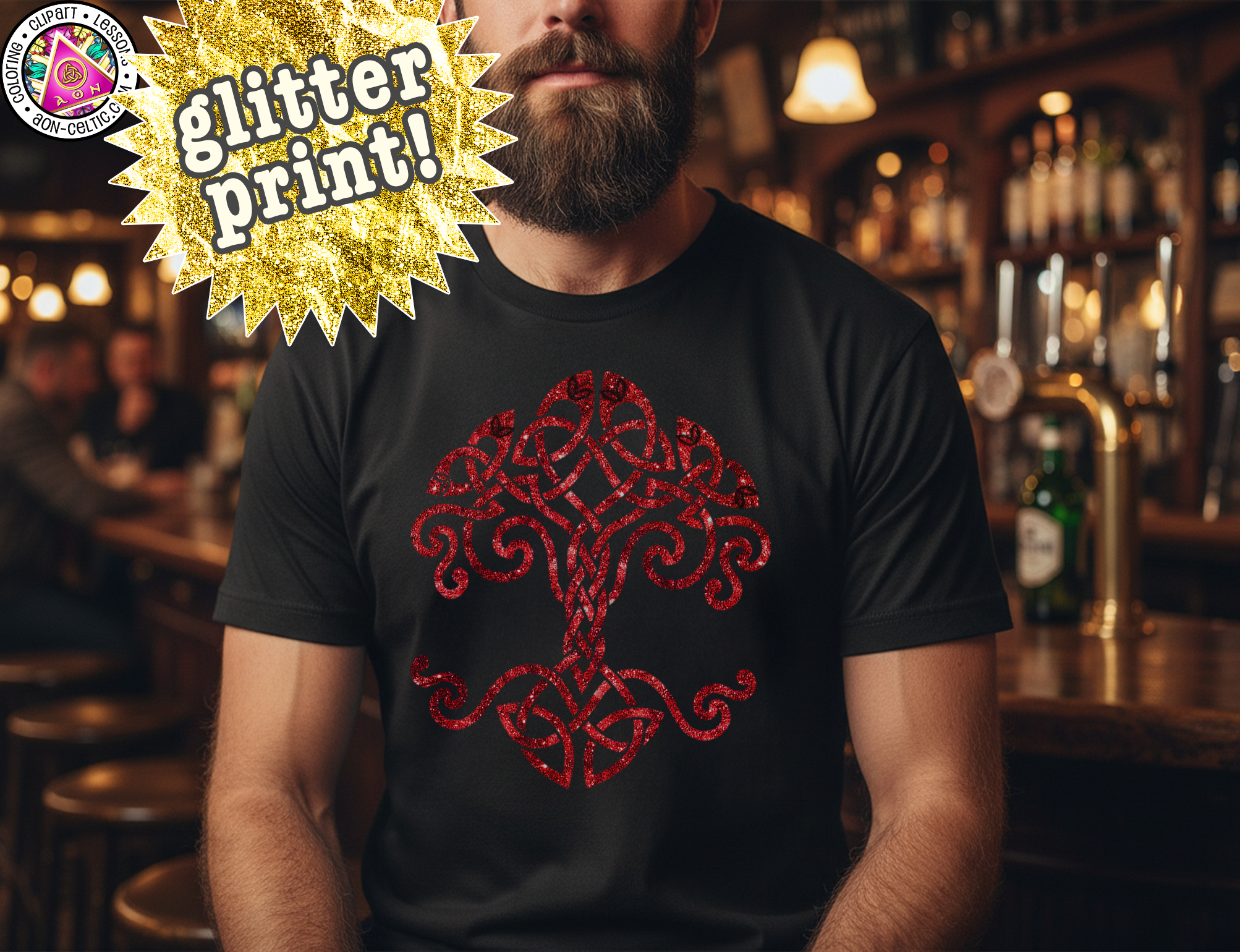 A man wearing a black t-shirt with a red tree design on it, standing in a bar setting.