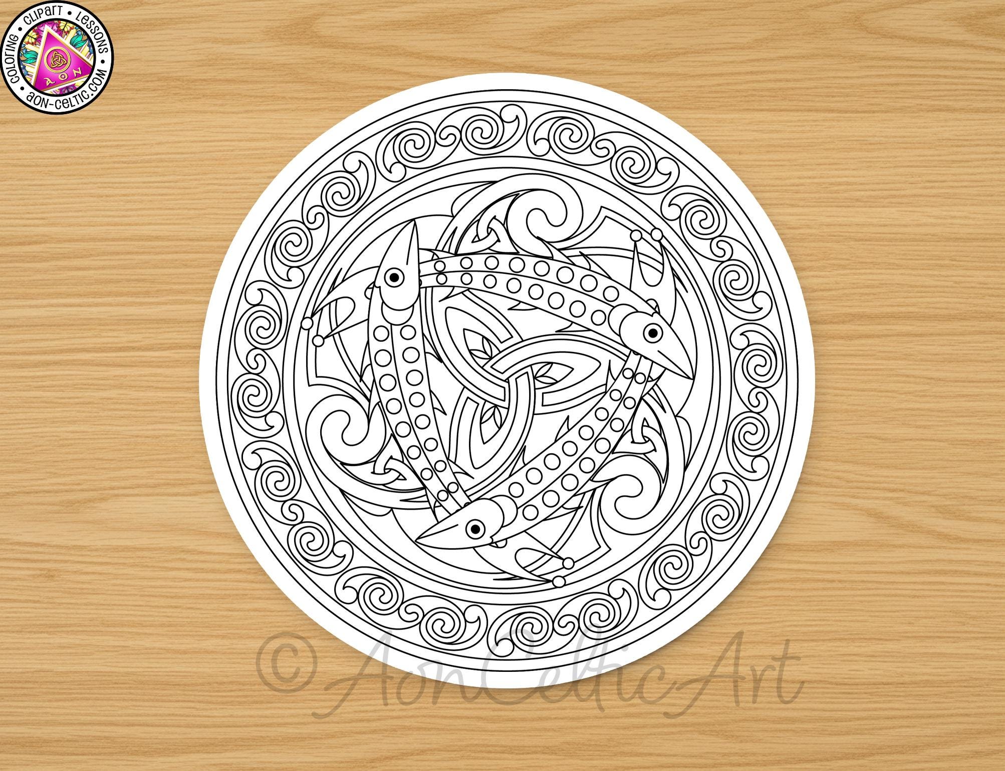 A circular design featuring a pattern of fish and swirls, likely representing a Celtic or Viking-inspired motif.