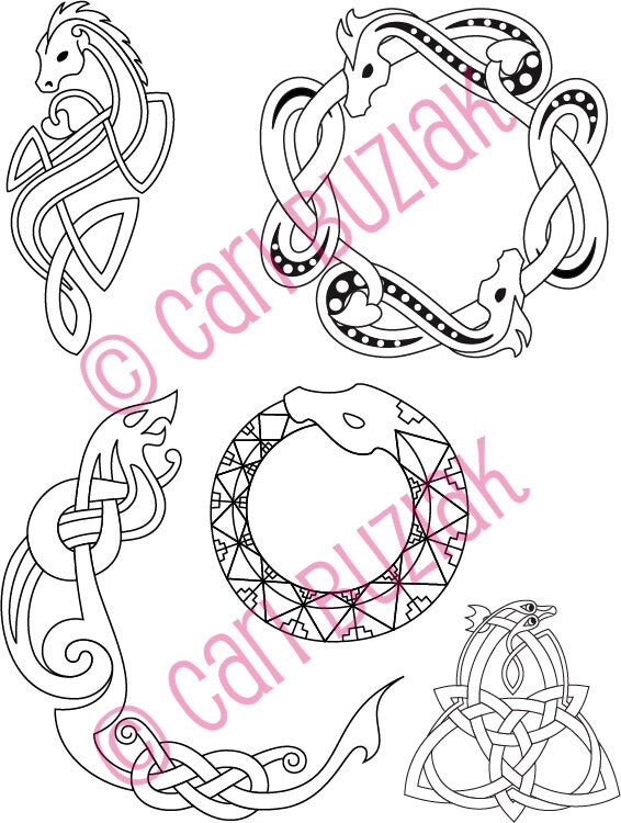 Celtic Tattoo Clipart - Black and White Dragon, Animal & Vine Designs for Crafting