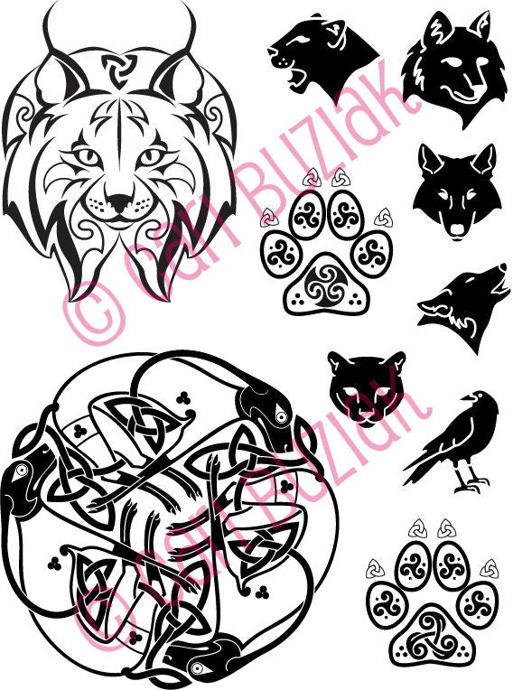 Celtic Tattoo Clipart - Black and White Dragon, Animal & Vine Designs for Crafting