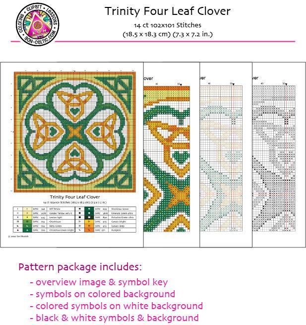 Celtic Cross Stitch - Four Leaf Clover Pattern | Irish Embroidery Chart