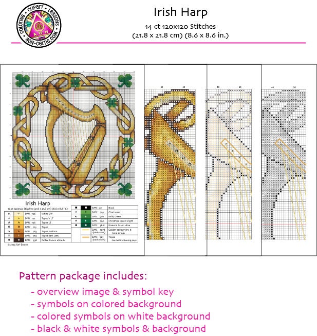 Celtic Cross Stitch Pattern - Irish Harp Embroidery PDF with Shamrock Design