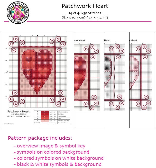 Patchwork Heart Cross Stitch - Valentines Floral Embroidery Pattern PDF Download