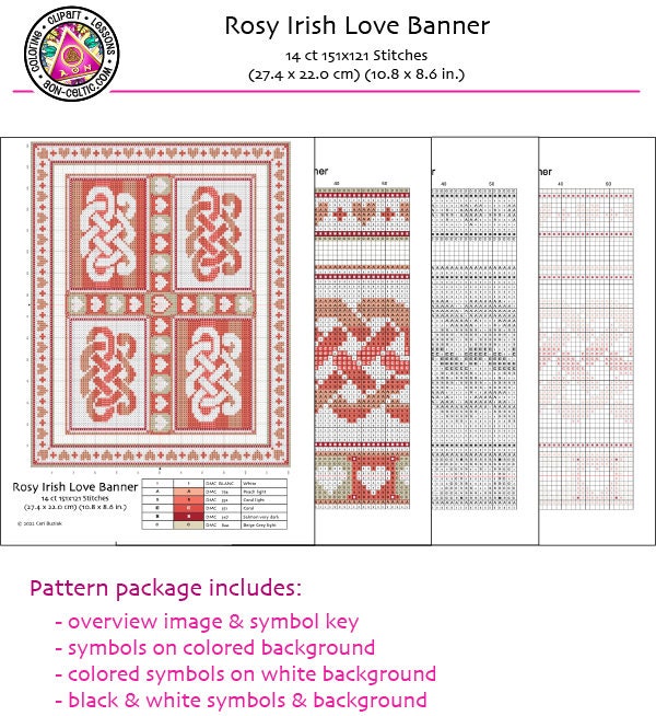 Celtic Cross Stitch Pattern - Rosy Love Banner With Irish Embroidery Design