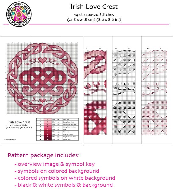 Celtic Cross Stitch Pattern - Irish Love Knot Chart With Heart & Flower Motif