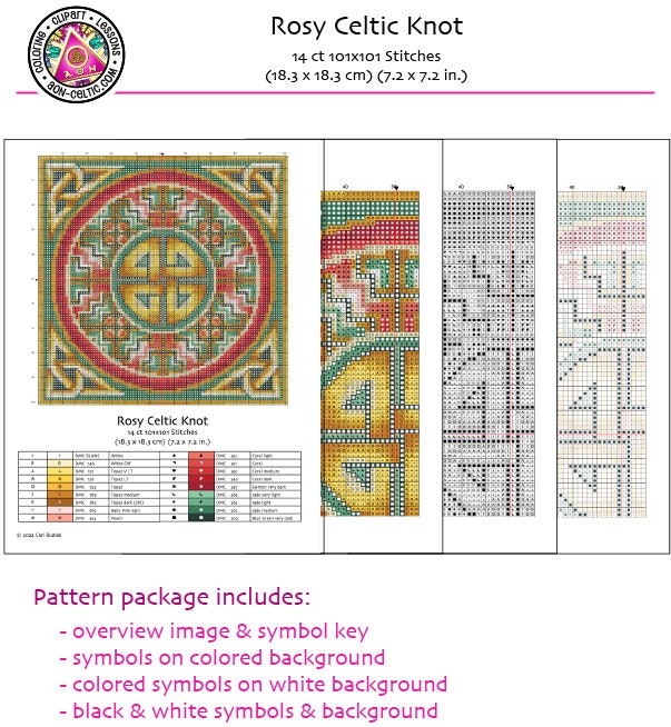 Celtic Cross Stitch Pattern – Rosy Pink Irish Embroidery Design With Handmade Knot